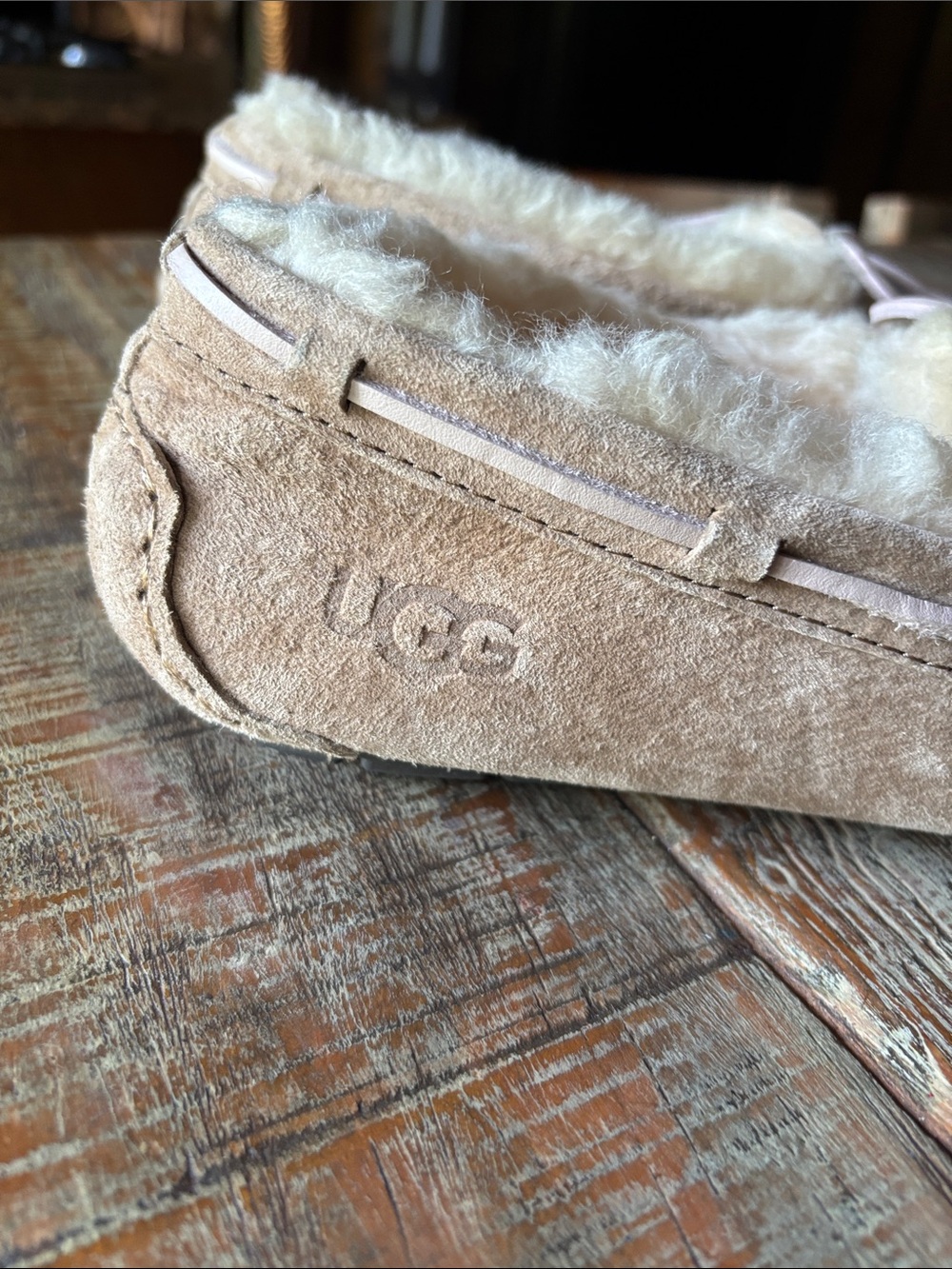 UGG Chestnut Suede Shearling Lined Moccasin Slippers - Picture 3 of 7